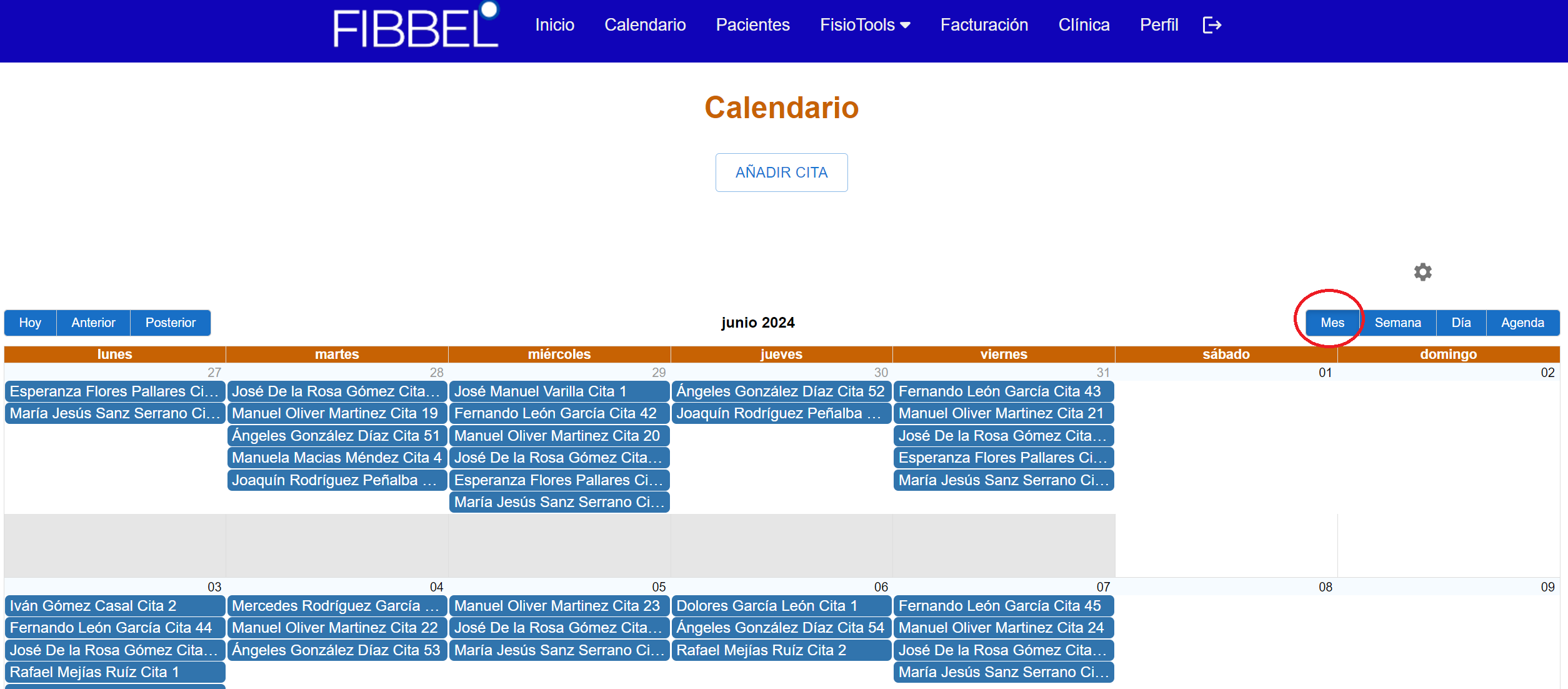 Vista del mes en el calendario de Fibbel