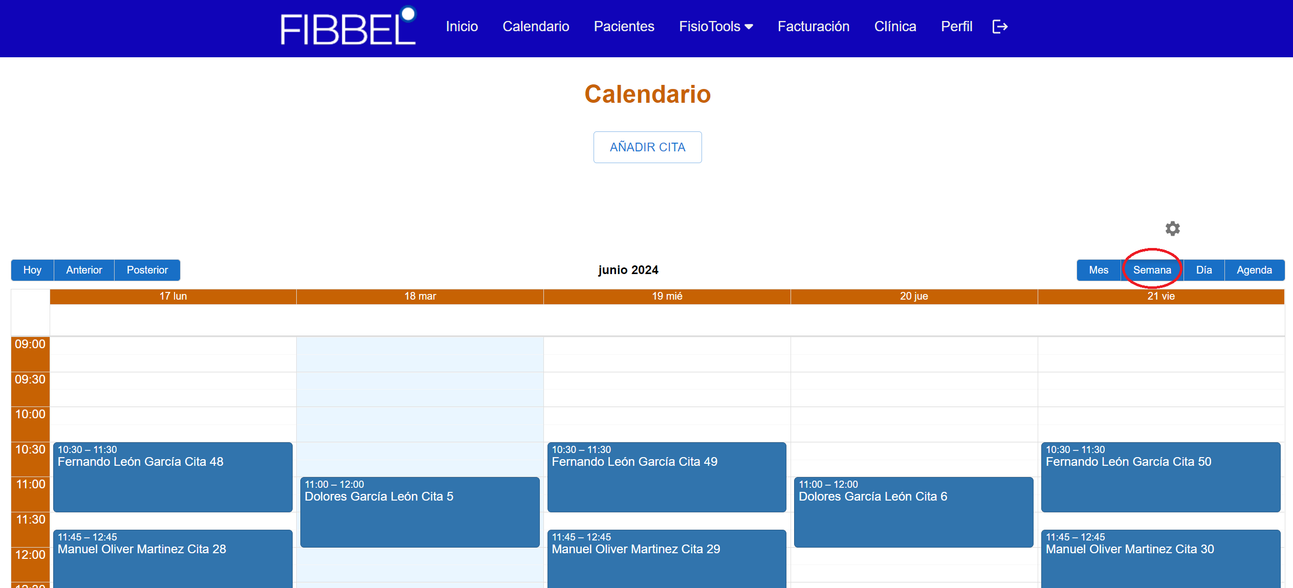 Vista de la semana en el calendario de Fibbel